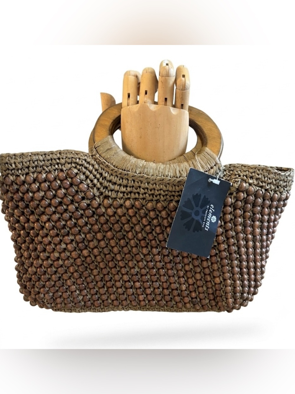 Elements Paper Straw Wood Bead Tote Bag NWT Summer